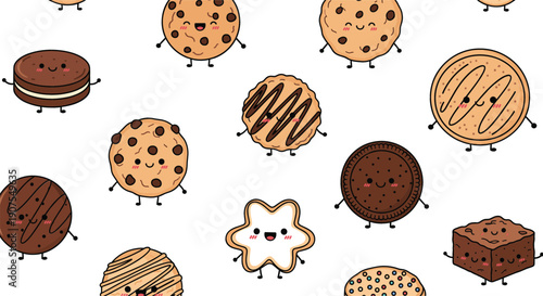 Cute kawaii cookie character set featuring happy smiling chocolate chip cookies sandwich biscuits brownies and sugar cookies vector illustration for bakery and stickers.