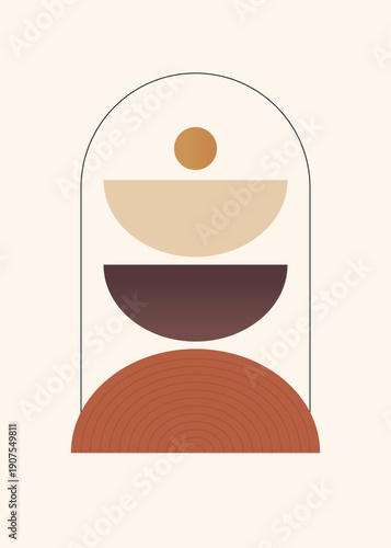 minimalist art, arc, semicircle, lines, black, purple, terracotta, beige, abstract geometric composition, mid-century, symmetrical