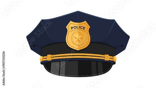 Illustration of a dark blue police service cap with a gold badge and chin strap