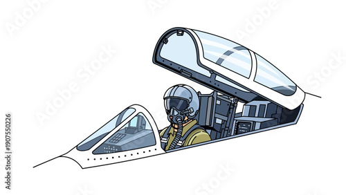 Illustration of a fighter jet cockpit with pilot and open canopy