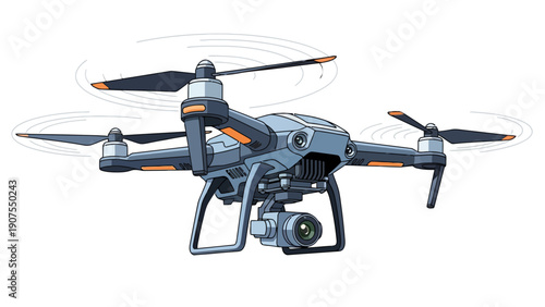 Illustration of a fourpropeller camera drone hovering with spinning blades