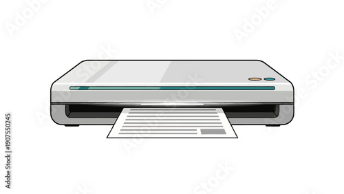 Illustration of a gray and teal printer outputting a printed page