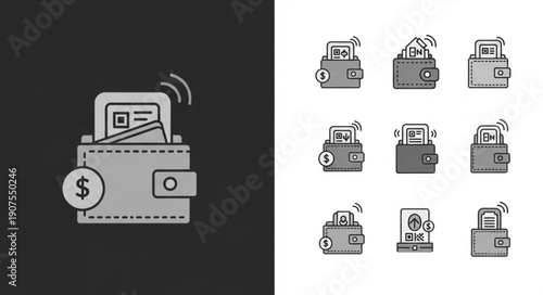 Digital Wallet Icon Set for Mobile Payments and Online Transactions.