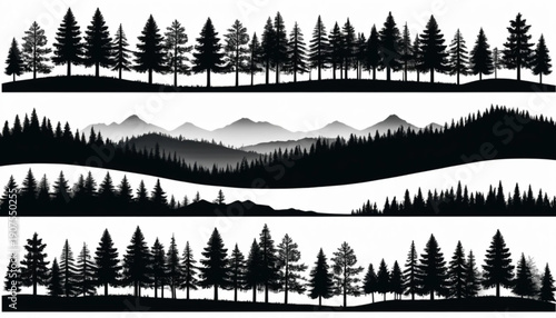 Pine Forest Silhouette Border Set, Black Evergreen Tree Landscape Edge Collection Isolated on White Background
