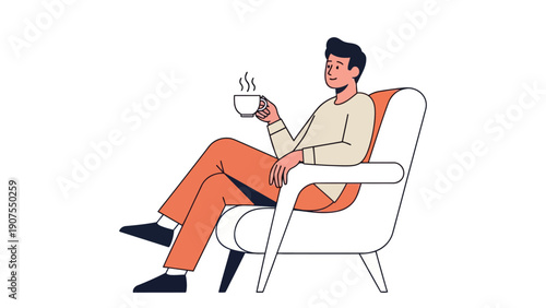 Illustration of a man relaxing in a modern chair holding a steaming cup