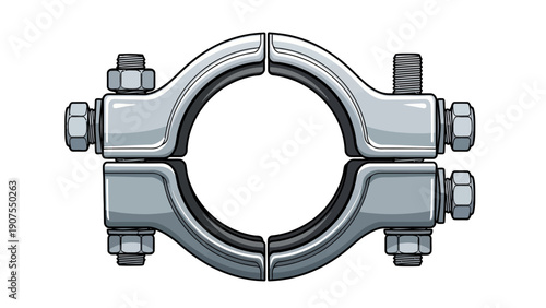 Illustration of a metallic twopiece pipe clamp with four visible fasteners against a white background