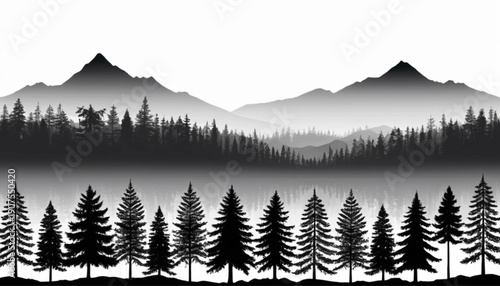 Pine Forest Silhouette Border Set, Black Evergreen Tree Landscape Edge Collection Isolated on White Background