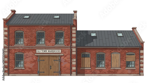 Illustration of a twostory red brick old town warehouse building facade