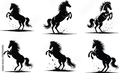 Set of Minimalist black horse kicking its hind legs powerful action silhouette vector icon