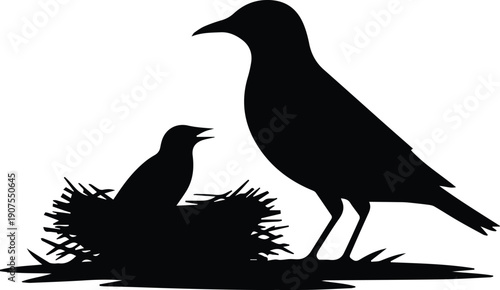 Minimalist black bird standing near a nest protective stance silhouette vector icon