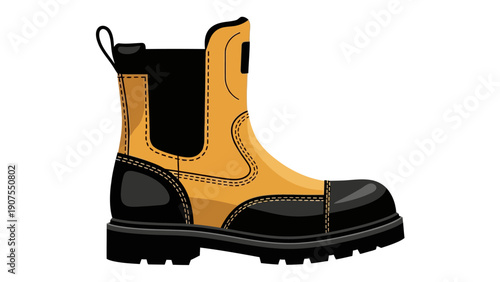 Illustration of a yellow and black leather work boot with a safety toe