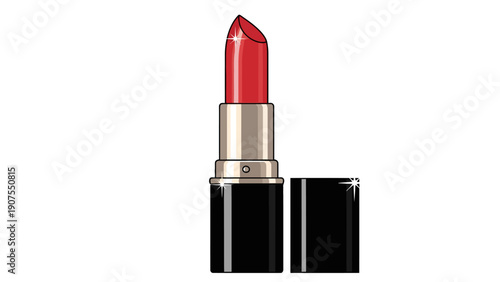 Illustration of an open red lipstick tube with a black and gold casing