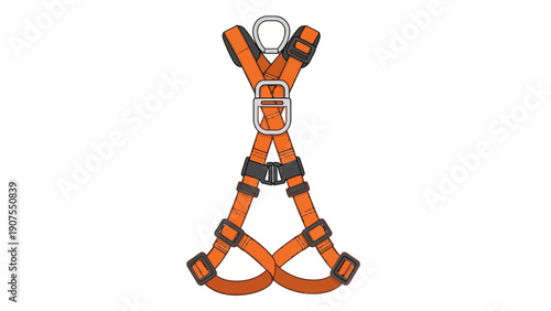Illustration of an orange fullbody safety harness with metal hardware