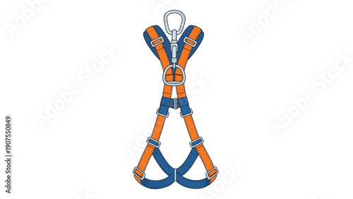 Illustration of an orange and blue safety harness with silver hardware