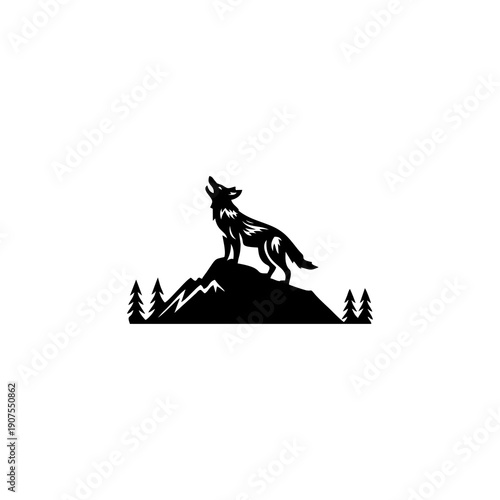 Creative Mountain fox logo illustration design, vintage, vector. silhouette combination mountain and wolf black design