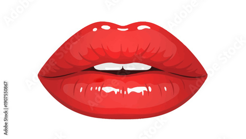 Illustration of glossy vibrant red lips slightly parted showing two white front teeth