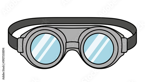 Illustration of round silverframed safety goggles with light blue lenses and a dark strap