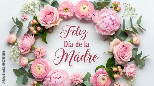 Happy mother's day greeting card with elegant floral wreath and pastel typography design for mom
