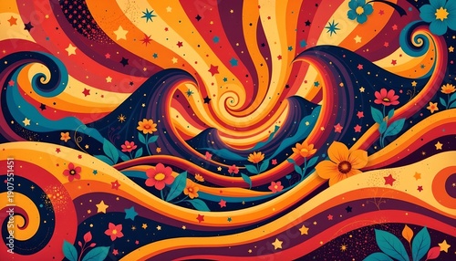 Vibrant Retro Abstract Pattern with Floral and Star Accents