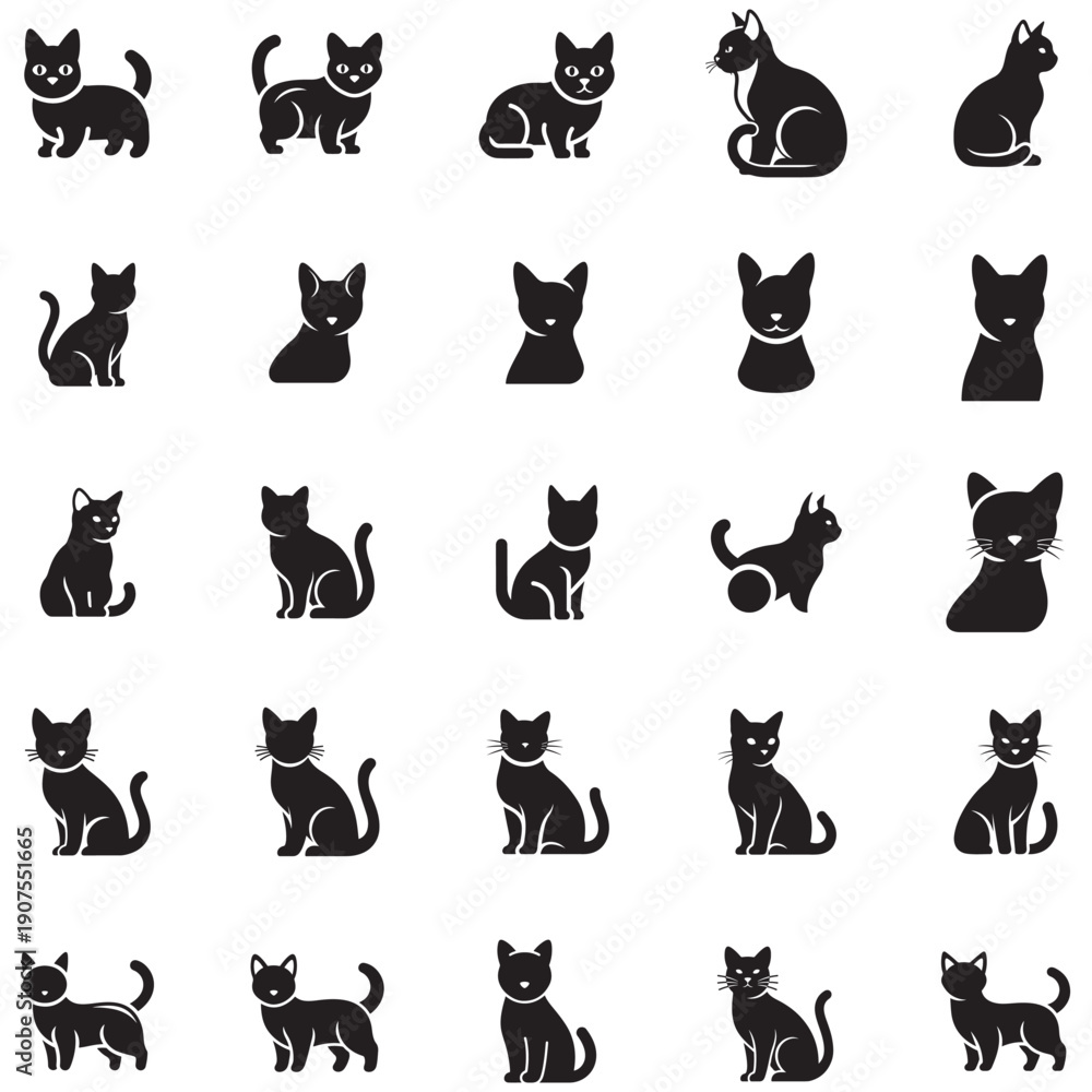 Obraz premium Collection of black cat icons representing various poses and actions