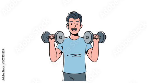 Man with dark hair smiling while lifting two dumbbells