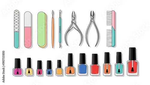 Manicure tools and assorted bottles of nail polish arranged against a white background