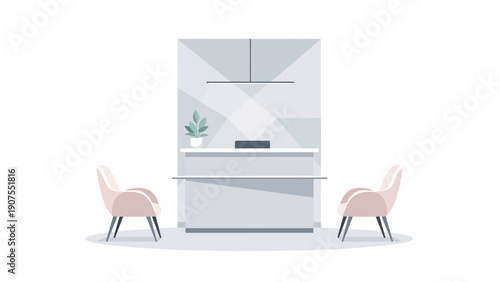 Minimalist reception desk area with two pink accent chairs