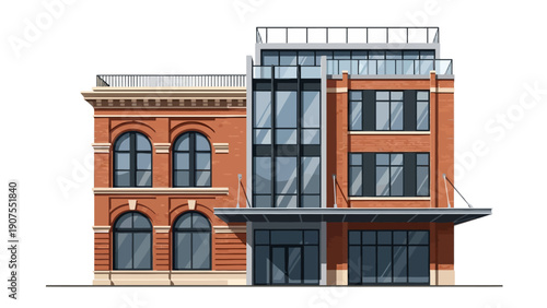 Mixedstyle threestory brick building with modern glass facade addition