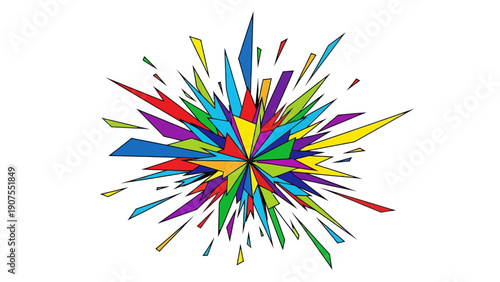 Multicolor abstract explosion of sharp pointed geometric shapes on white