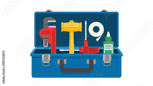 Open blue toolbox containing plumbing and general repair tools against a white background