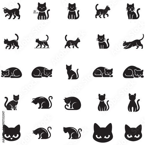 Collection of Cat Icons Representing Different Poses and Expressions