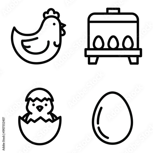 Farm Animals and Eggs Icons: Chicken, Egg Carton, Chick Hatching, Egg