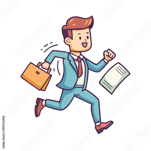 businessman cartton character in hurry jump. bring Business suitcase and paper work vector illustration
