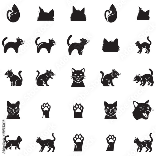 Collection of Cat Silhouettes and Paw Prints for Various Designs