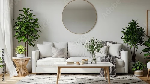 Wallpaper Mural Modern Minimalist Living Room Decor with Green Plants and Circular Mirror. Torontodigital.ca