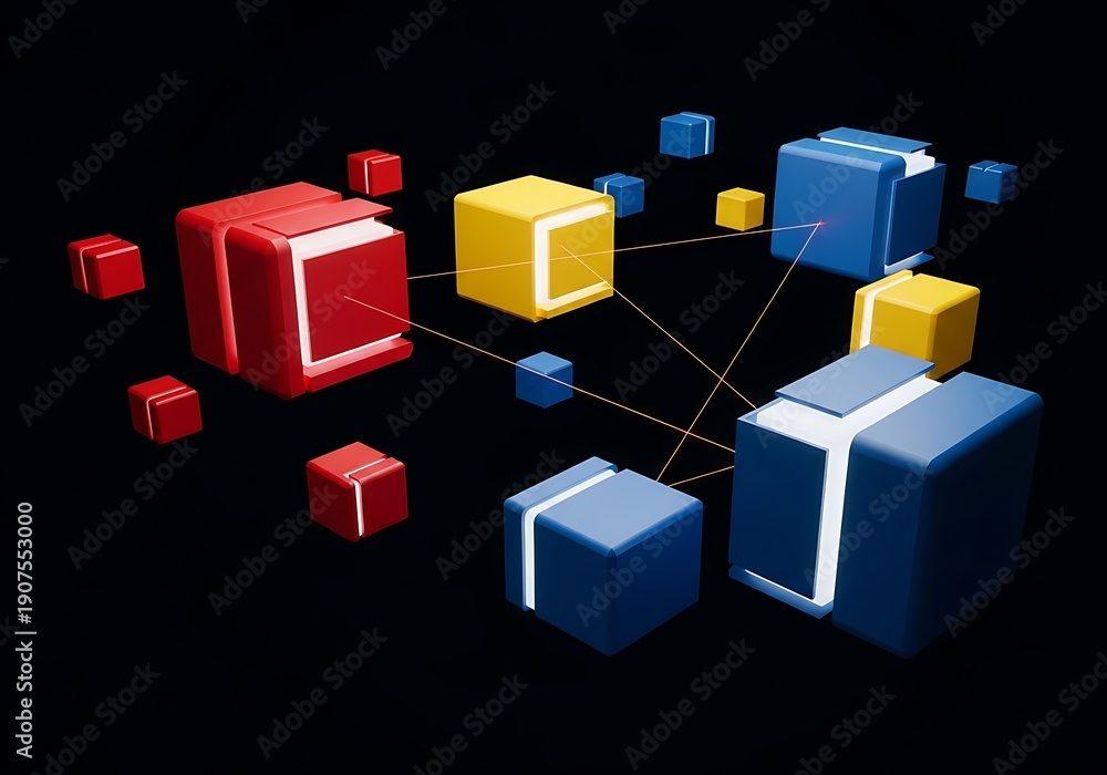 Obraz premium Geometric Microservices Modules Linked by High-Speed Laser Connections in Darkness.