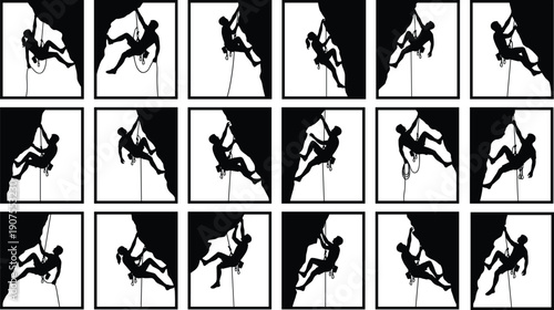 Rock climbing silhouette sequence showing climber rappelling and ascending cliff faces with rope techniques isolated on white background adventure outdoor sport concept