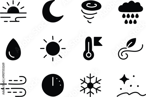 Weather and climate vector icon collection featuring sun, moon, tornado, rain cloud, temperature thermometer, wind, snowflake and atmospheric forecast symbols in modern minimalist style