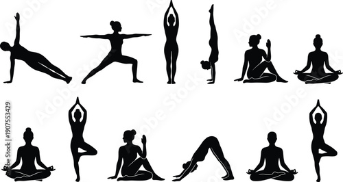 Yoga silhouette collection featuring women performing meditation, handstand and balance poses isolated on white background healthy lifestyle fitness concept