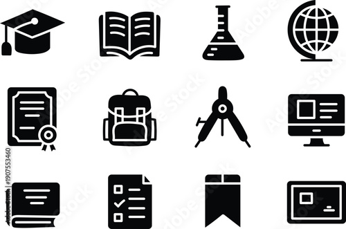 Collection of education and academic vector icons featuring graduation cap, books, certificate, laboratory flask, globe, backpack, compass, laptop and online learning symbols in a modern minimalist st
