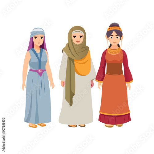 Collection of three women dressed in traditional ancient or biblical-era clothing, showcasing diverse and historical Middle Eastern or Roman attire.
