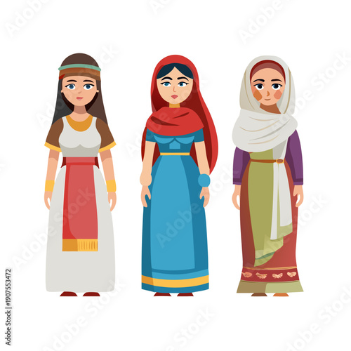 Collection of three women dressed in traditional ancient or biblical-era clothing, showcasing diverse and historical Middle Eastern or Roman attire.

