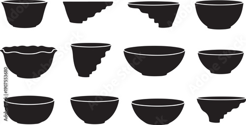 Collection of various black bowl shapes and designs illustration