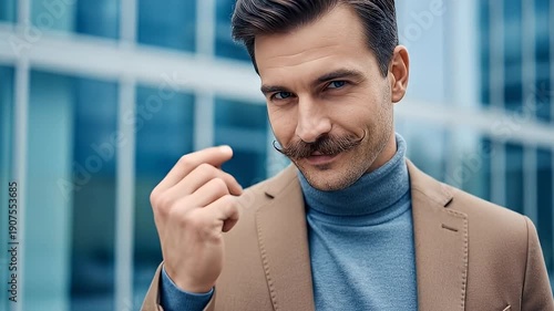 Stylish Man with Moustache Gesturing Confidently Outdoors.
