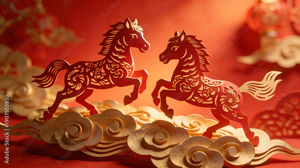 Fototapeta premium Festive paper-cut zodiac horses playing on auspicious clouds