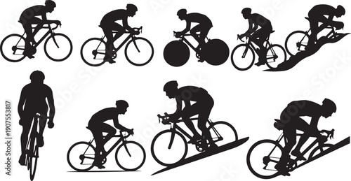Cyclists in various poses and movements on bicycles silhouettes