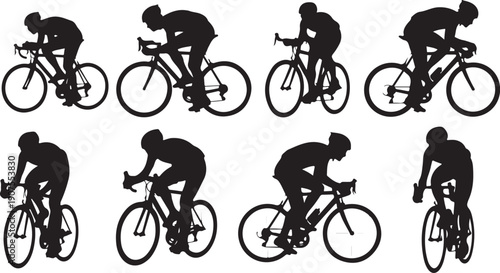 Silhouettes of cyclists riding bicycles in various dynamic poses