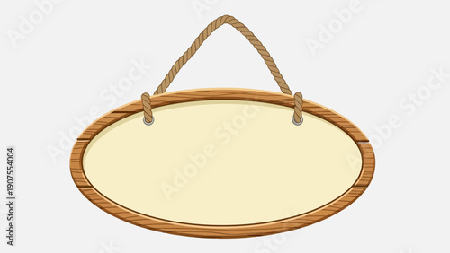 Oval wooden sign hanging by a thick rope against a white background