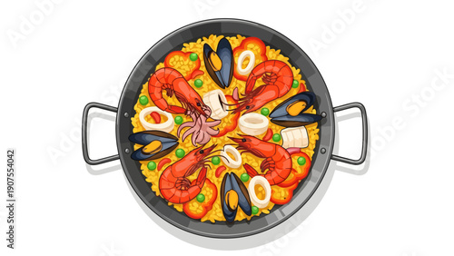 Overhead view of seafood paella in a round metal pan with handles
