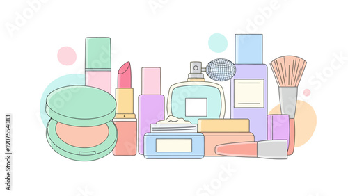 Pastel flat illustration of assorted cosmetic and beauty products